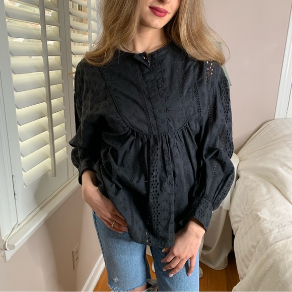 3 LEFT XS-M Chic Spring Black Eyelet Long Sleeve Blouse Shirt Top - Picture 5 of 5